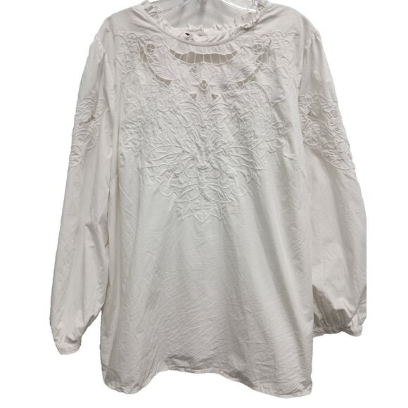 Talbots Womens BOHO Peasant Blouse Sz 2X White Embroidered Floral Balloon Sleeve - Picture 1 of 11